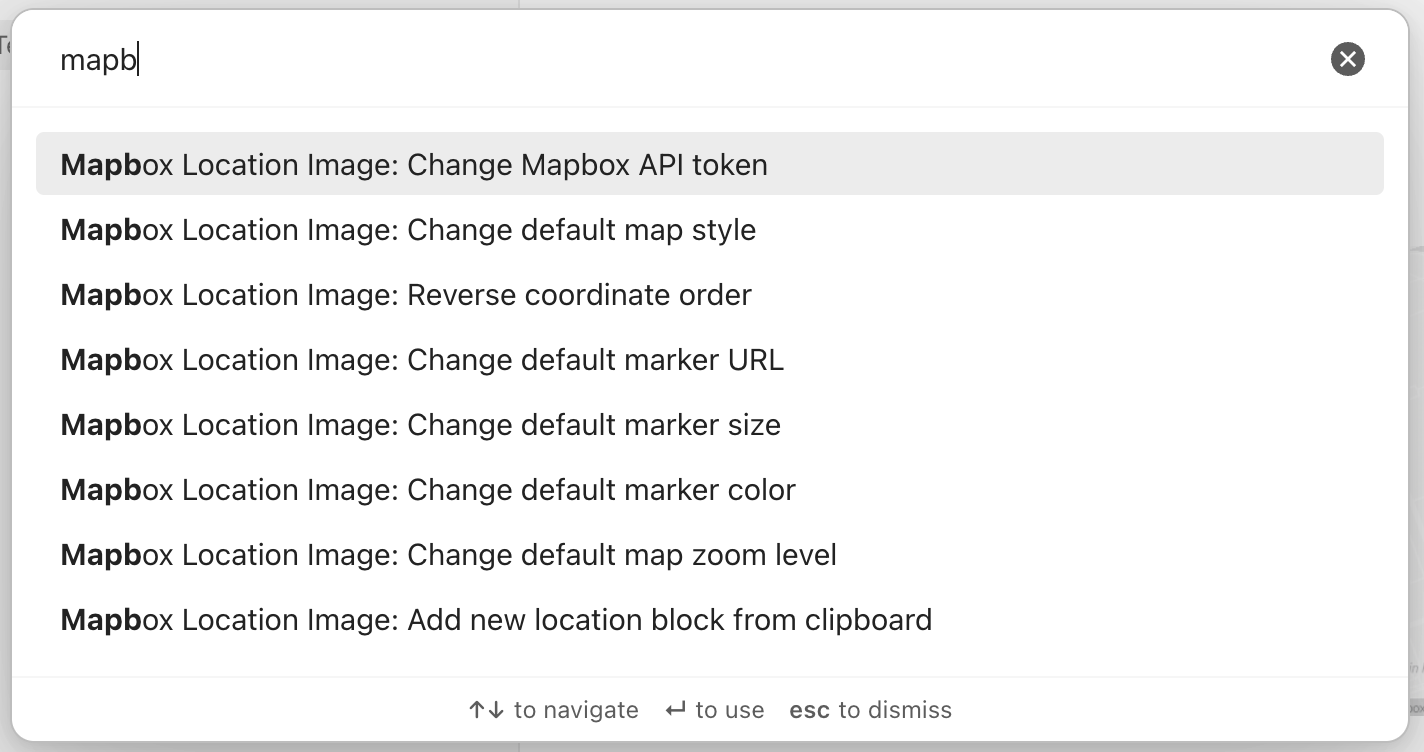 shows the command interface of Obisidan with all the plugin commands available