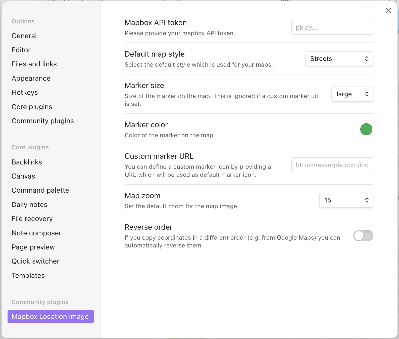 Screenshot showing the settings of the Mapbox Location plugin