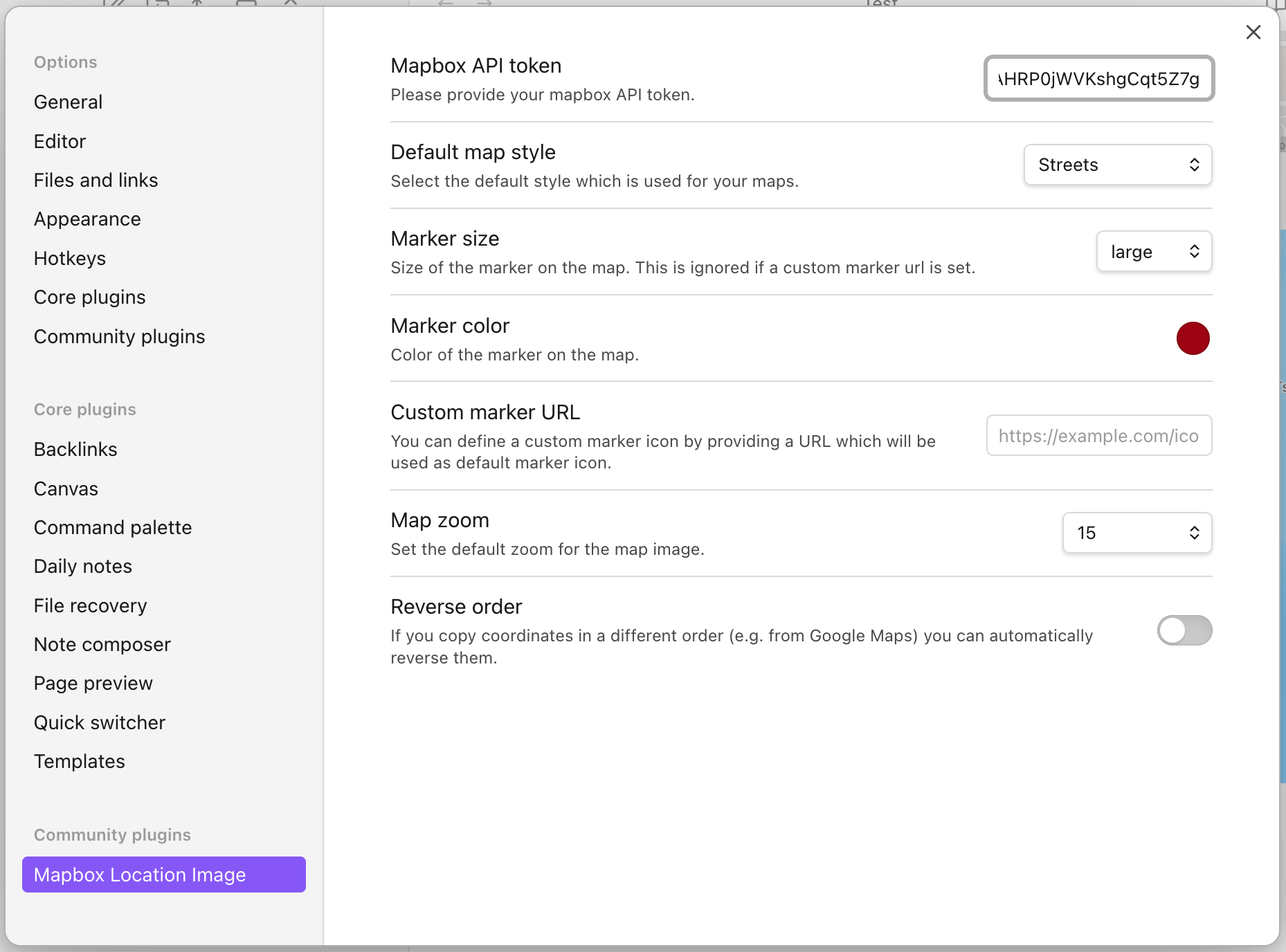 Screenshot of plugin settings